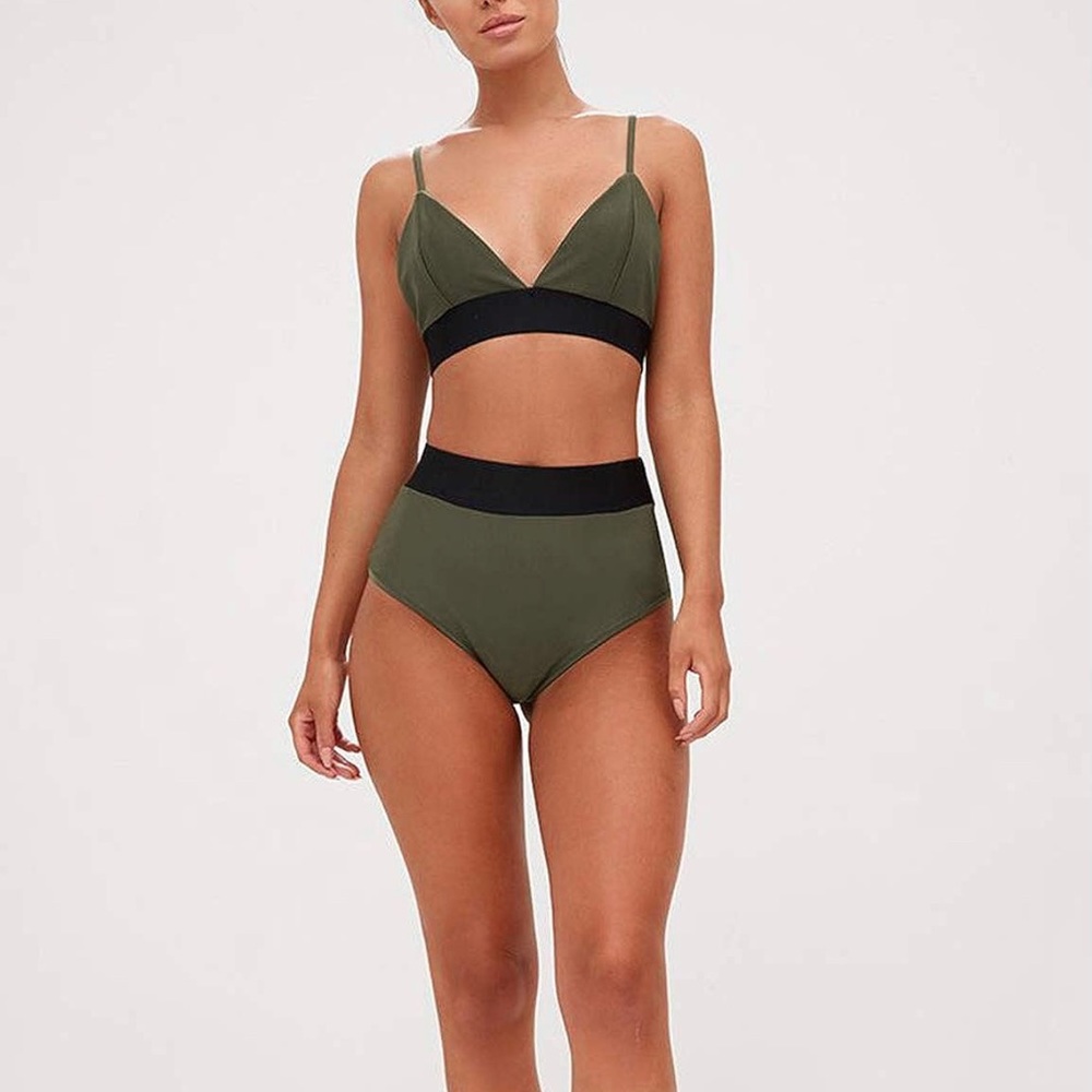Army Green and Black Highwaisted Conservative Bikini